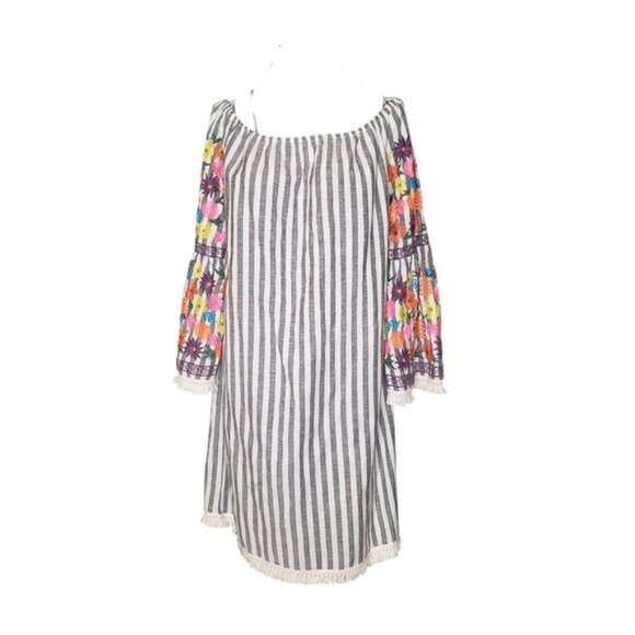 Philosophy Embroidered Striped Fringe Trim Ballon Sleeve Shift Dress Size L - Picture 2 of 9